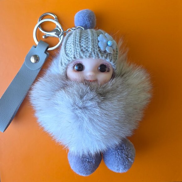 Cute Smiling Fur Baby Keychain with LOVE tag, Plush rabbit fur, Bag Charm - Picture 1 of 5